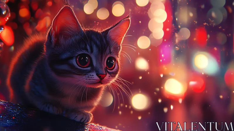 Luminous Feline: Neon-Eyed Cat in Bokeh Dreamscape.