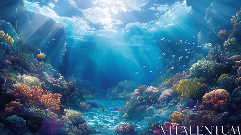 Sunlit coral reef valley with fish in clear blue sea.