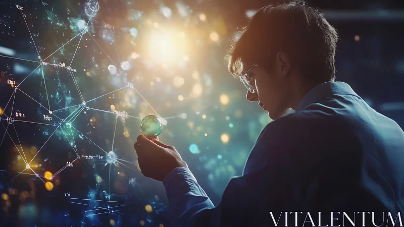 Curious young scientist exploring glowing digital cosmos.