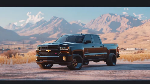 Mountain light crowns a custom pickup prowling desert flats