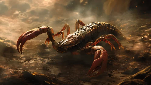 Armored scorpion rendered in cinematic backlit desert haze