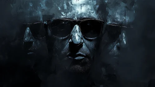 Triptych portrait with dark mirrored male faces.