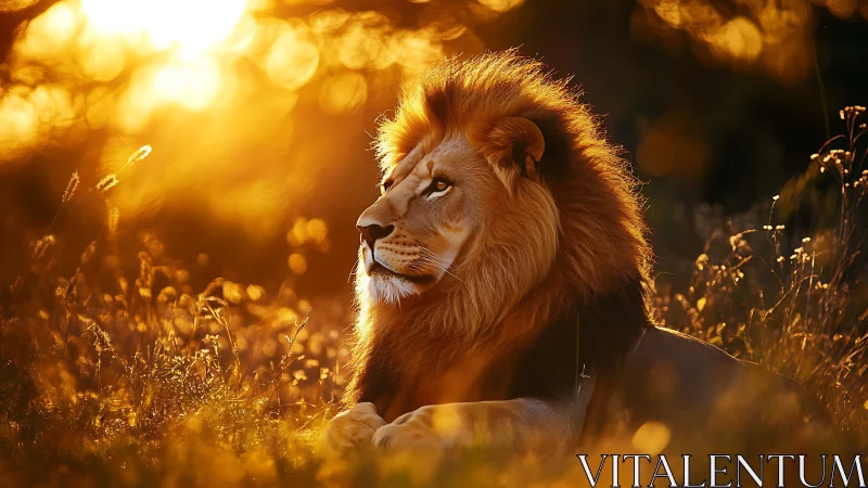 Male lion lying in tall grass under warm sunset light.