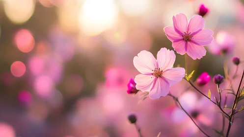 Shallow-depth-of-field macro rendering depicting pink cosmea flowers with bokeh atmospheric effects