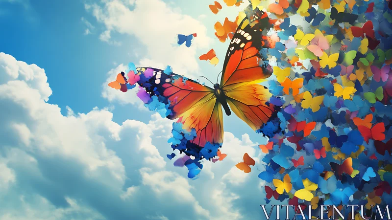 Monarch in midair dissolving into vivid painted butterflies.