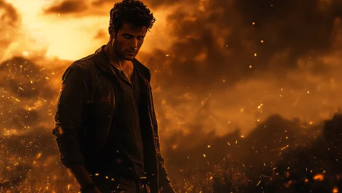 Brooding firelit wanderer strides through a storm of embers.