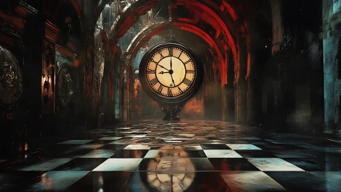 Midnight clock waits quietly in a glowing gothic hall
