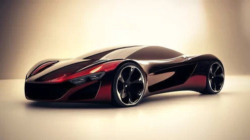 Futuristic red concept supercar glows under warm studio lights.