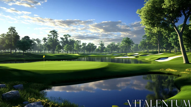 Sunlit championship golf green borders reflective water hazards