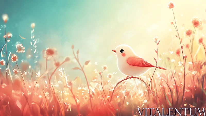 Softly lit stylized songbird in warm bokeh flower meadow