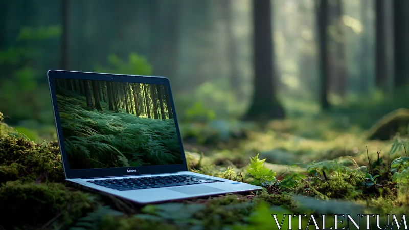 Open laptop on mossy forest floor with nature screen image.