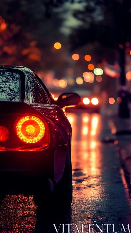 Sports car taillights glow over wet city street at dusk.