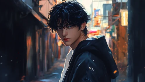 Young man in dark jacket standing in blurred urban alley.