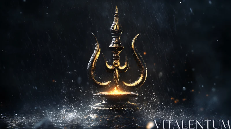 Golden trident-shaped flame sculpture stands amid falling rain