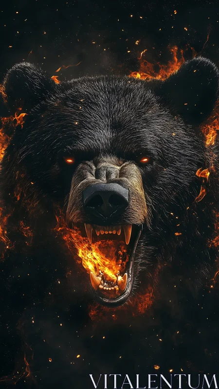 Bear head with open flaming jaws against dark background.