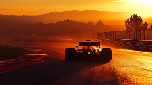 Sunlit race car hunts apexes in molten golden twilight.