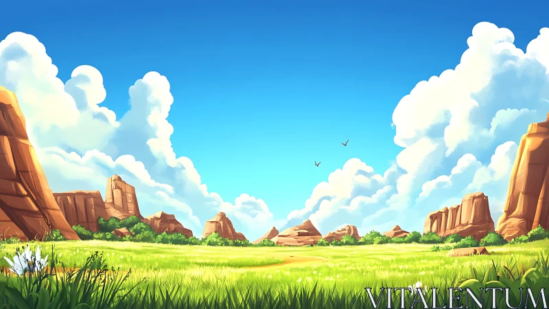 Sunlit canyon meadow under playful clouds and wide sky.