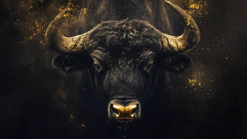 Golden dust bull portrait against dark dramatic void.