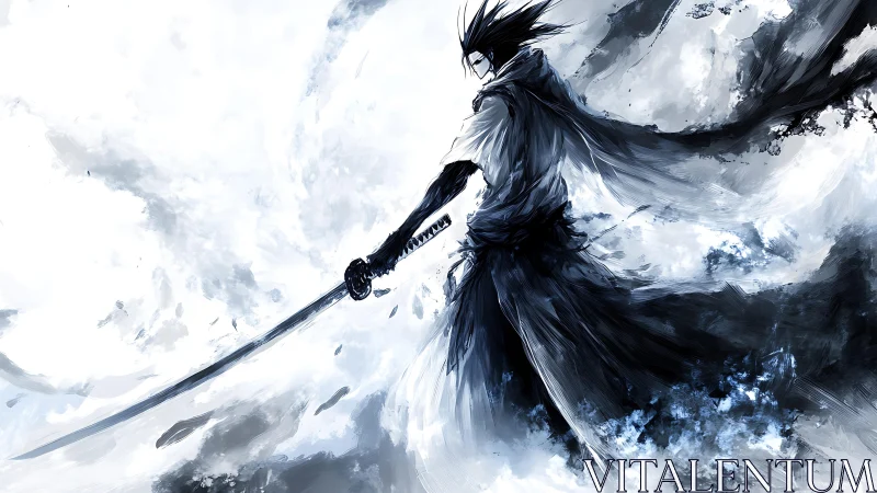Lone swordsman cuts through stormy monochrome vortex