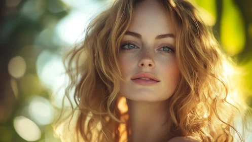 Sunlit portrait of freckled woman framed by soft bokeh glow.