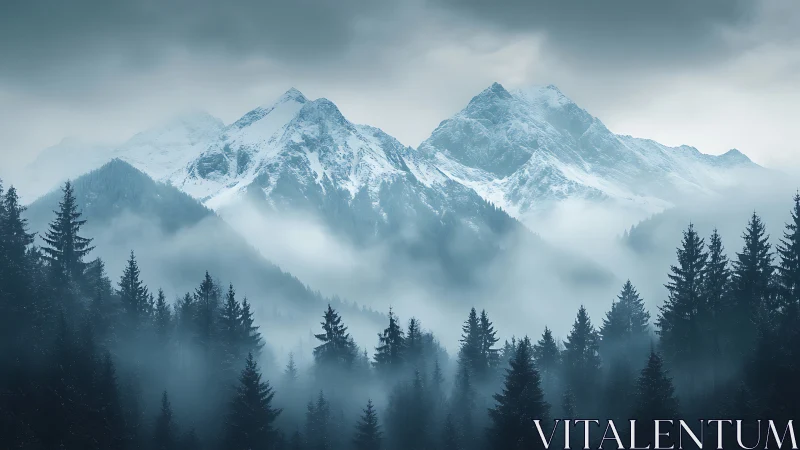 Glaciated alpine ridge with conifer silhouettes in low stratiform fog.