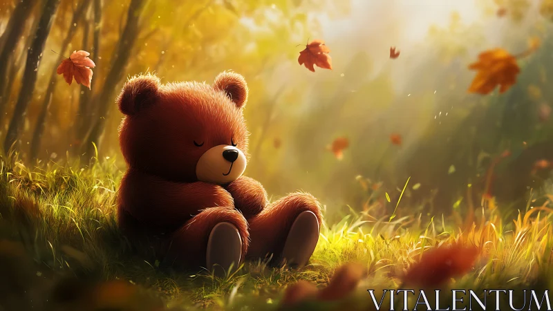 Digital bear character resting on grass in autumn light.