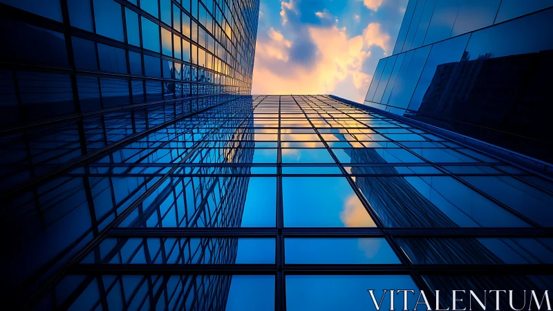 Glass skyscraper mirrors a glowing sunset sky in bold symmetry