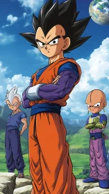 Saiyan warriors stand united over bright green valley.