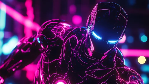 Humanoid armored figure is rendered in neon cybernetic lighting