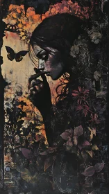 Brooding silhouette with butterfly amid decaying florals.