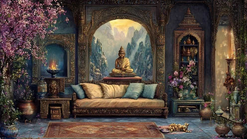 Golden zen parlor cradled by misty mountains and blossoms.