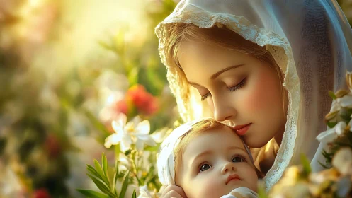 Gentle mother holding baby in soft golden garden light.