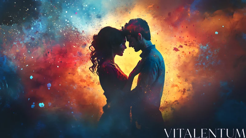 Silhouetted figures in explosive color gradient environment