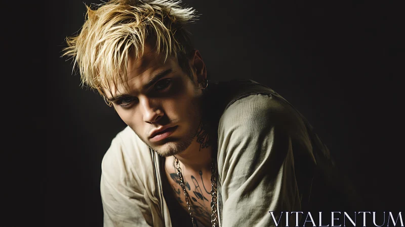 Moody blond punk portrait leans into dramatic shadowed light.