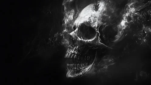 Storm of smoke reveals a haunting skull in swirling darkness