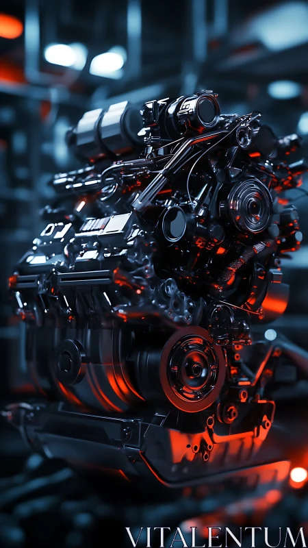 Detailed automotive engine render in blue and red lighting.