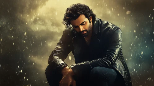 Brooding man in leather coat under cinematic golden rain.
