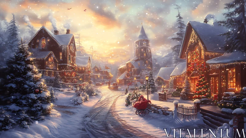 Snow-laden Christmas village street under glowing sunset light.