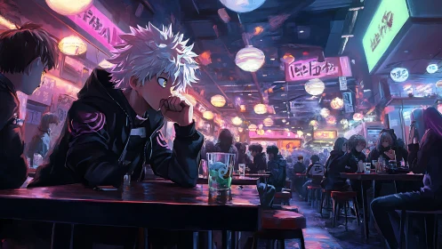 Neon lit anime street bar with pensive white haired teen