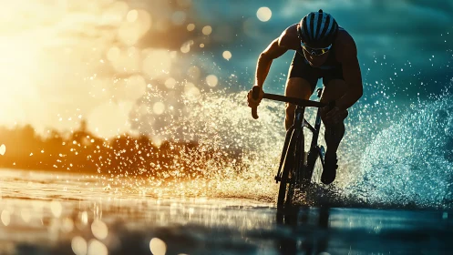 Backlit cyclist sprints through water with dramatic bokeh contrast