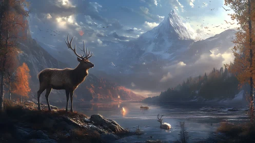 Majestic stag overlooking glacial alpine lake at sunrise