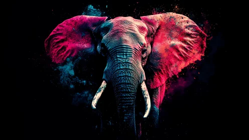 Neon colored elephant portrait against dark abstract space.