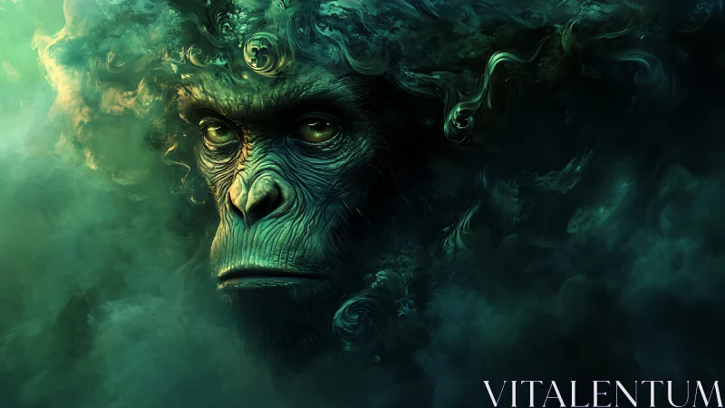 Primate-like face emerges from swirling green smoke