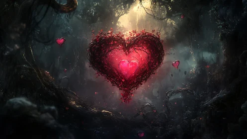 Luminescent Heart Pulses Through Ancient Forest Darkness