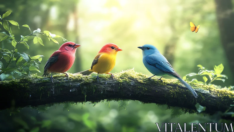 Three Colorful Birds on Mossy Branch in Dreamy Forest Light.