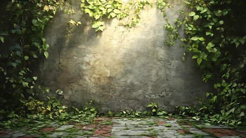 Old plaster wall with ivy vines and brick floor foreground