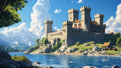Sunlit riverside castle nestled beneath bright blue skies.