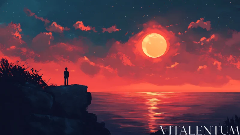 Solitary figure watches crimson moon over still sea.