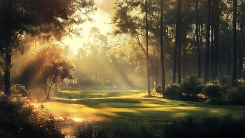 Golden hour sunlight sculpts tranquil forest golf fairway