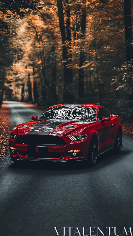 Red sports coupe cuts through autumn forest road with cinematic contrast